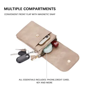 Detail view of multi-compartment PU leather phone crossbody bag with magnetic snap closure