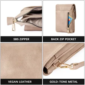 Detail view of vegan leather phone bag with SBS zipper and gold-tone metal hardware