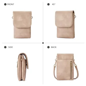 Detailed views of minimalist PU leather crossbody phone bag shown from four angles