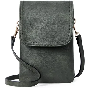 Close-up of dark grey PU leather crossbody phone bag showing premium pebbled texture.