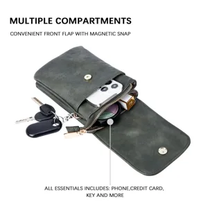 Detail view of green PU leather crossbody bag showing multiple inner compartments