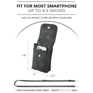 Detail view of PU leather phone crossbody bag with dimensions and phone compatibility.