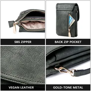 Detailed views of vegan leather phone bag with SBS zipper and gold-tone metal hardware