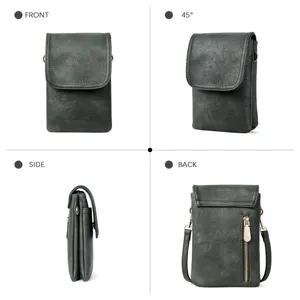 Detailed four-angle view of a dark grey PU leather crossbody phone wallet bag