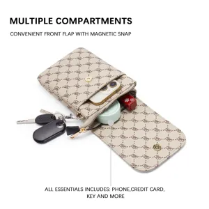 Premium women's monogram PU leather mobile phone bag showing multiple functional compartments