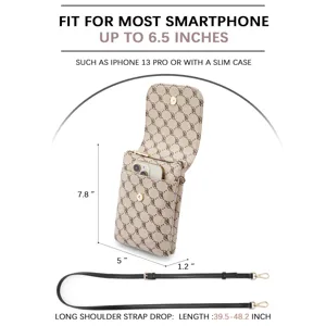 Detail of PU leather phone crossbody bag showing dimensions and adjustable strap length.