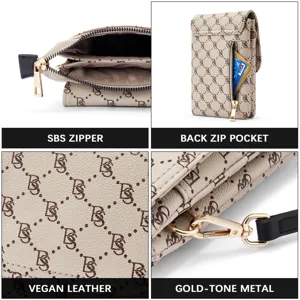 Detailed views of vegan leather phone bag with gold-tone hardware and SBS zipper