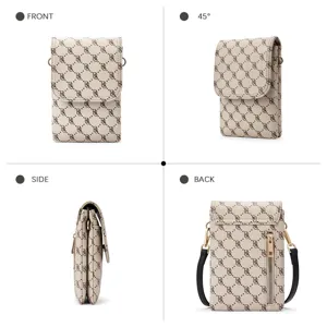 Multi-angle views of monogram PU leather phone bag with gold-tone hardware