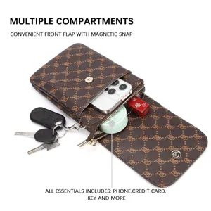 Detailed view of a brown monogram PU leather phone bag showing internal storage for essentials