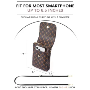 Detailed view of monogram PU leather phone bag with dimensions and strap length info