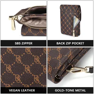 Detailed views of a brown vegan leather phone bag with gold-tone metal details
