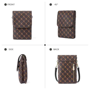 Detailed four-angle view of a brown monogram PU leather crossbody phone bag.