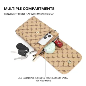 Detailed view of the multi-compartment tan PU leather phone bag showing capacity