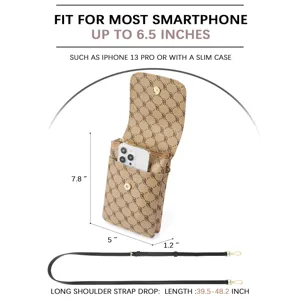 Detail view of women's PU leather crossbody phone bag with measurements and strap info