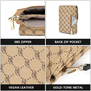 Detailed views of vegan leather crossbody phone bag with gold-tone hardware and SBS zipper.