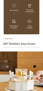 Detail of 360-degree rotating pencil holder with five compartments for desk