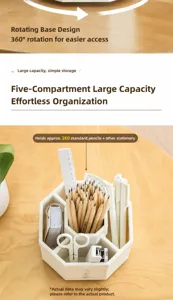 Detailed view of white rotating pen holder with 5 compartments and office stationery