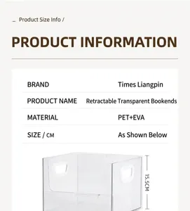 Detailed dimensions and material specifications for this transparent extendable bookend