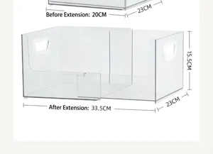 Detail view showing dimensions of expandable transparent desktop storage box with handles
