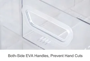 Detail shot of transparent storage box handle with soft EVA grip for safety and comfort