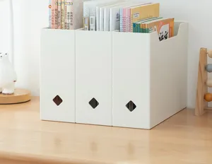 Set of three white plastic desktop book organizers displayed in a clean lifestyle desk setting