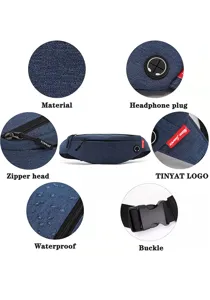 Close-up details of a blue waterproof travel waist bag highlighting the fabric and buckle