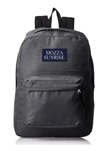 Detail view of charcoal grey lightweight backpack with Mozza Sunrise logo patch