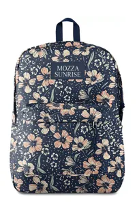 Detail of lightweight navy blue floral backpack featuring MOZZA SUNRISE logo patch