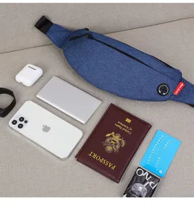 Close-up detail showing capacity of blue travel waist bag with phone and passport