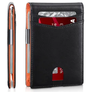 Close-up detail of black slim wallet with orange interior and metal money clip