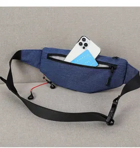 Close-up of a blue travel fanny pack showing interior space for phone and cards.