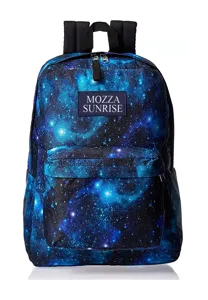 Lightweight galaxy print backpack featuring front zipper pocket and MOZZA SUNRISE logo patch