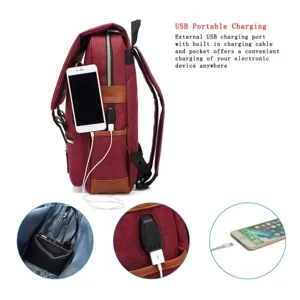 Detailed view of the USB charging port on a vintage red canvas travel backpack