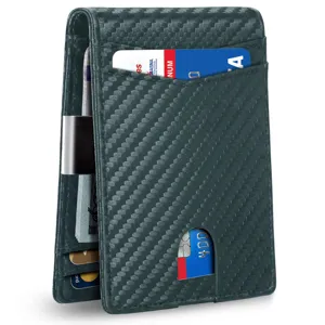 Detail view of men's slim wallet featuring carbon fiber texture and built-in money clip