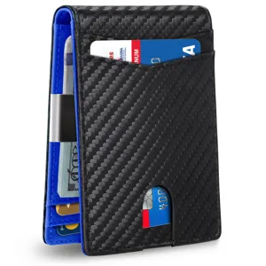 Slim carbon fiber wallet with striking blue trim featuring a built-in metal money clip and card slots