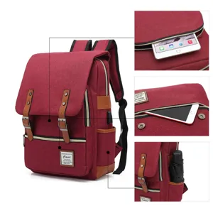 Detail view of vintage burgundy canvas backpack with laptop storage and USB charging port