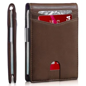 Brown microfiber leather wallet detail showing metal money clip and card slots