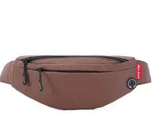 Professional lightweight brown travel fanny pack featuring earphone jack and double zippers