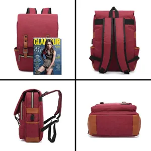 Multiple angles of vintage burgundy canvas laptop backpack with USB charging port.
