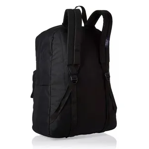 Lightweight black backpack with adjustable padded straps, ideal for school or travel.