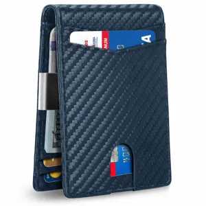 Close-up detail of navy blue carbon fiber wallet with card slots and money clip