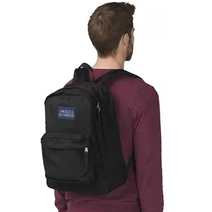 Classic black lightweight backpack featuring Mozza Sunrise patch on a male model