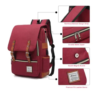 Details of a retro burgundy canvas laptop backpack featuring USB port and metal zippers