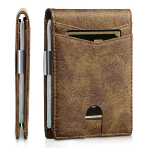 Side and front view of a distressed brown microfiber leather slim card holder wallet
