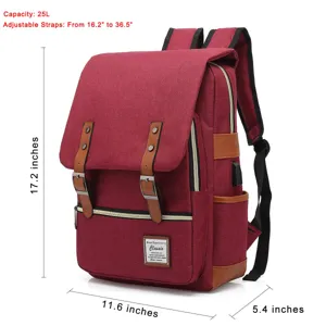 Vintage burgundy canvas backpack with USB port and 25L capacity dimensions shown.