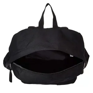 Front view of open lightweight black canvas backpack for men and women