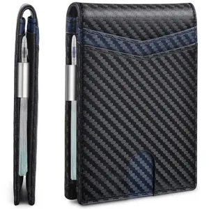 Side and front view of slim carbon fiber wallet with integrated metal money clip