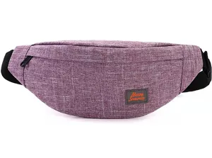 Detailed front view of a lightweight purple heathered fabric travel waist bag