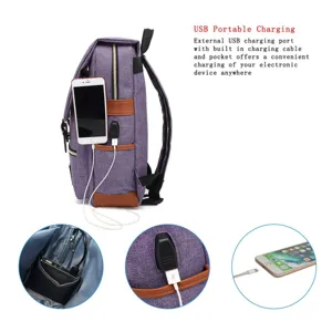 Detail view of external USB charging port and internal cable on a purple canvas backpack.