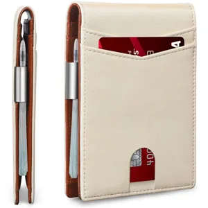 Detailed macro view of slim microfiber leather wallet featuring card slots and pen holder
